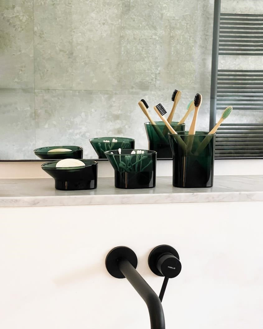 Set Bagno Completo Verde Scuro Con Tenda Doccia Glitter – Accessori: Cestino, Dispenser, Portaspazzolino E Vassoio