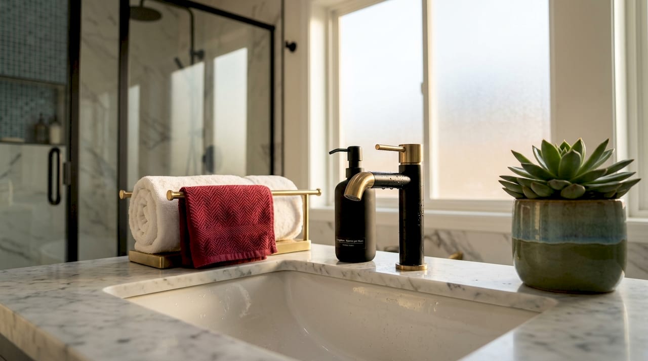Lavabo dal design moderno arricchito da accessori di ultima generazione.
