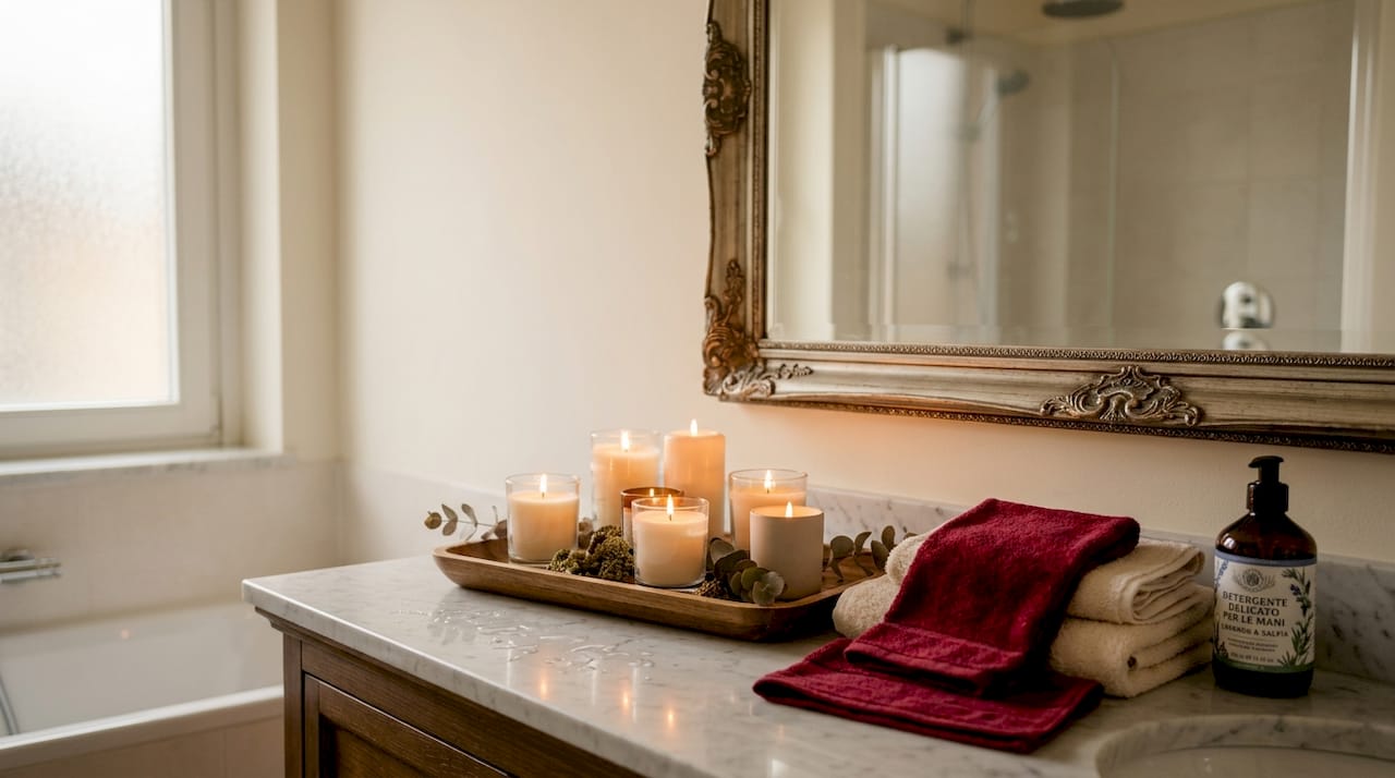 Un bagno avvolto dalla luce soffusa delle candele, perfetto per un momento romantico.