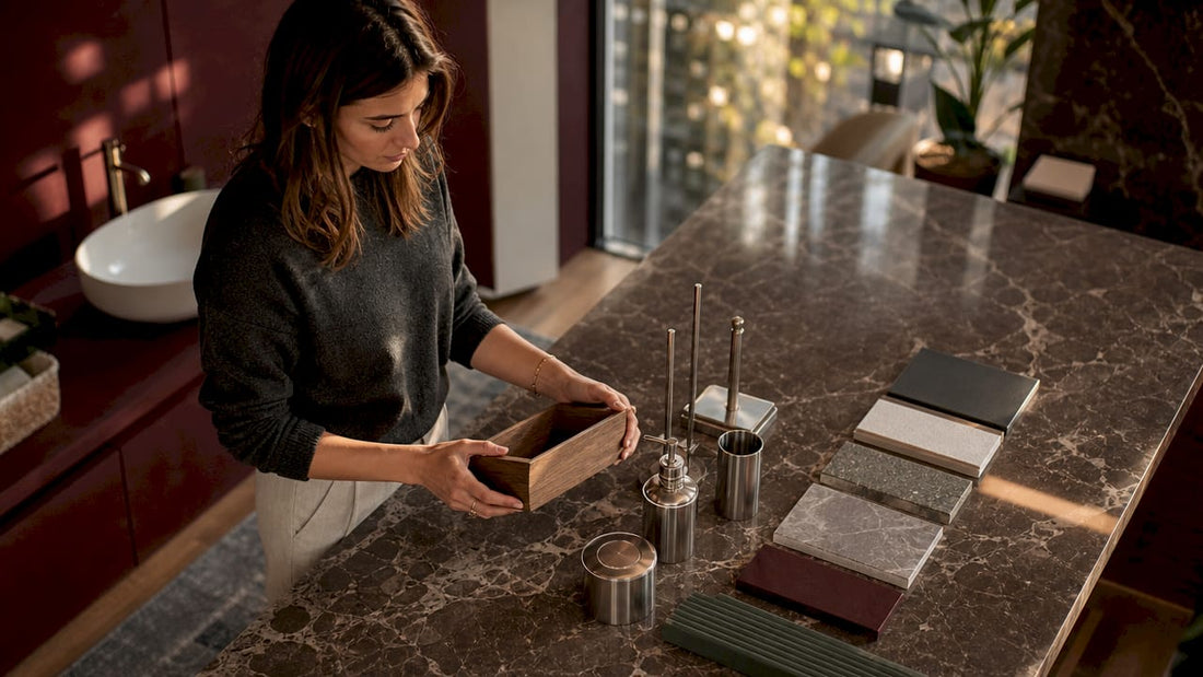 Donna che sceglie mobili e accessori per il bagno in perfetta armonia
