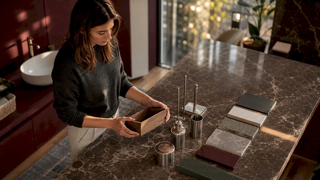 Donna che sceglie mobili e accessori per il bagno in perfetta armonia