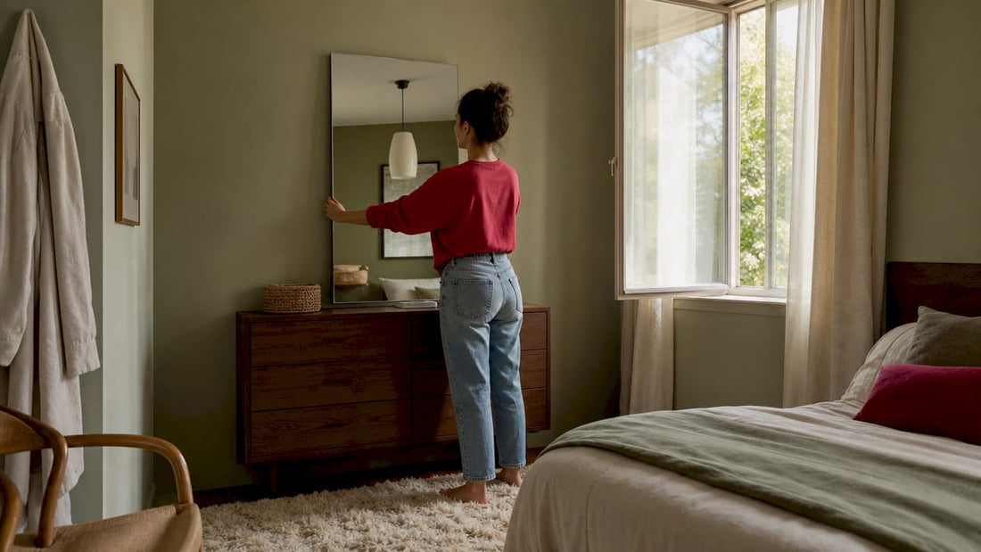 Una donna sta appendendo uno specchio rotondo decorativo nel suo piccolo soggiorno, aggiungendo un tocco di stile all’ambiente.