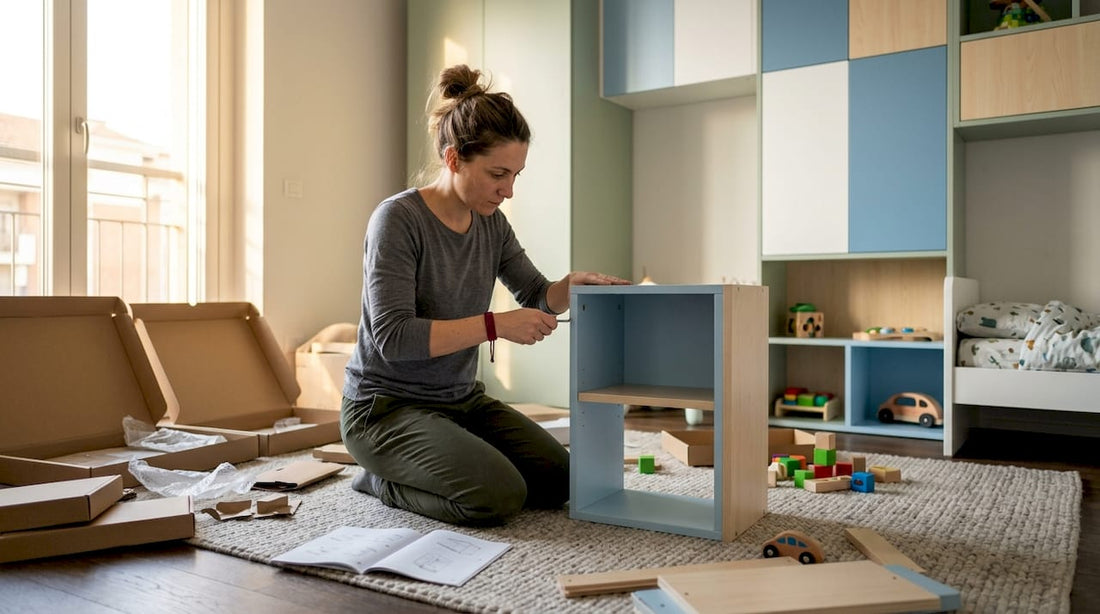 Una mamma alle prese con il montaggio dei mobili modulari nella cameretta dei suoi bambini.