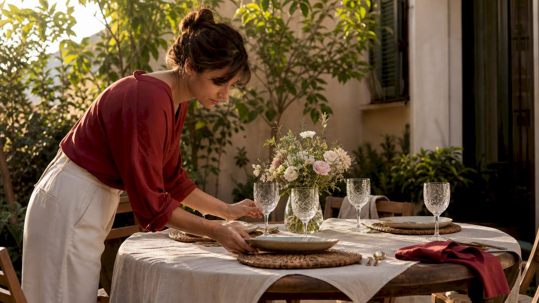 Una donna si dedica con cura alla preparazione di una tavola raffinata, disponendo ogni dettaglio per creare un’atmosfera elegante e accogliente.