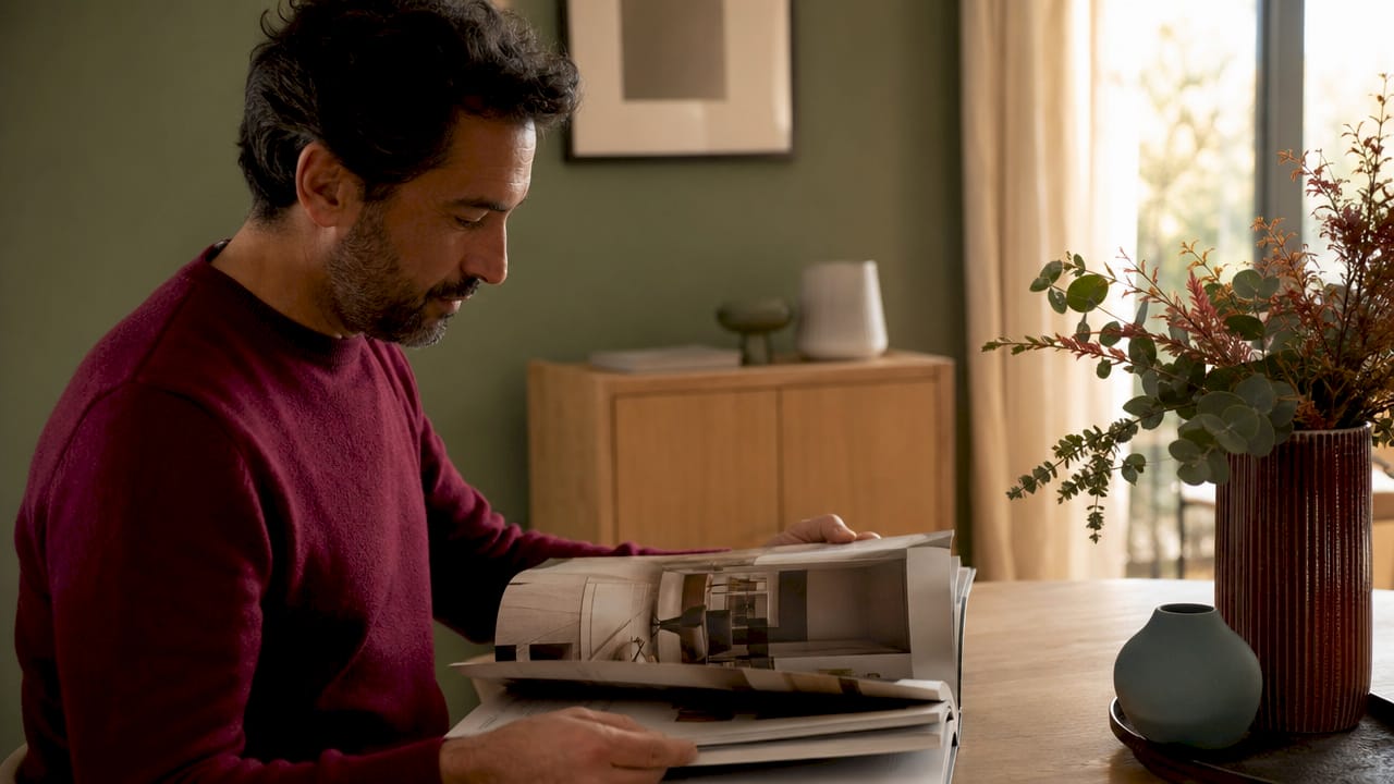 Un uomo seduto in salotto sfoglia con interesse un catalogo di complementi d'arredo, alla ricerca dell'ispirazione giusta per valorizzare la sua casa.