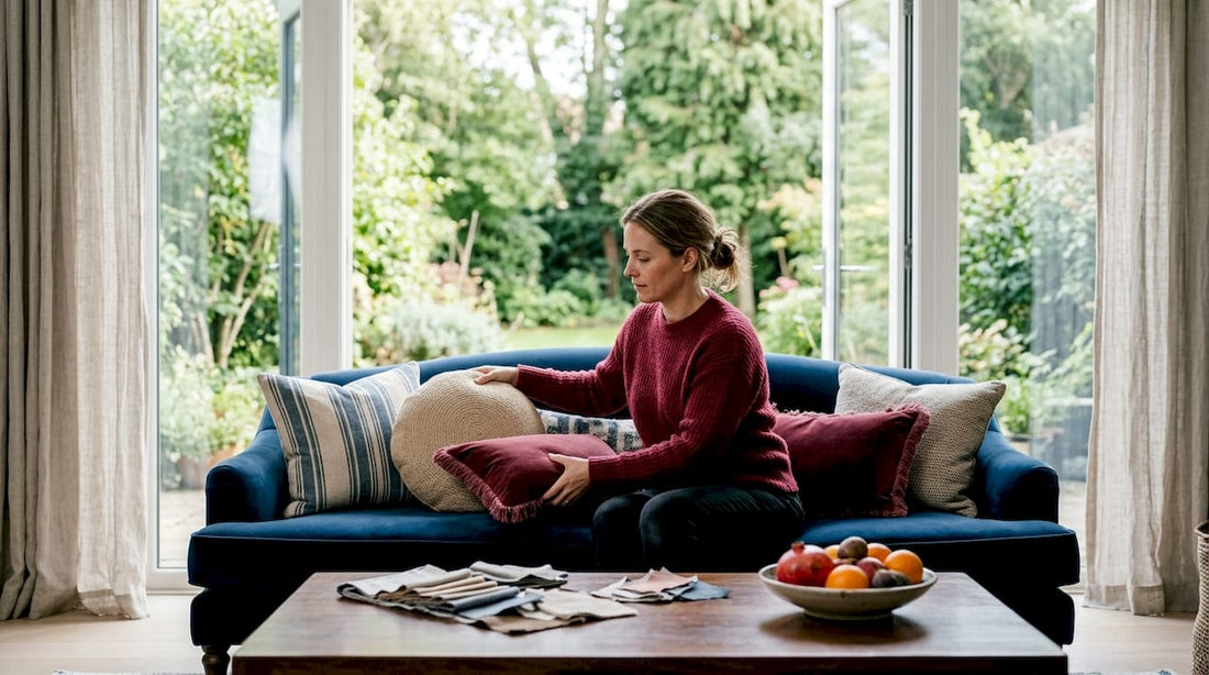 Un interior designer sistema con cura i cuscini su un divano moderno, dando attenzione ai dettagli per creare un ambiente accogliente e di stile.