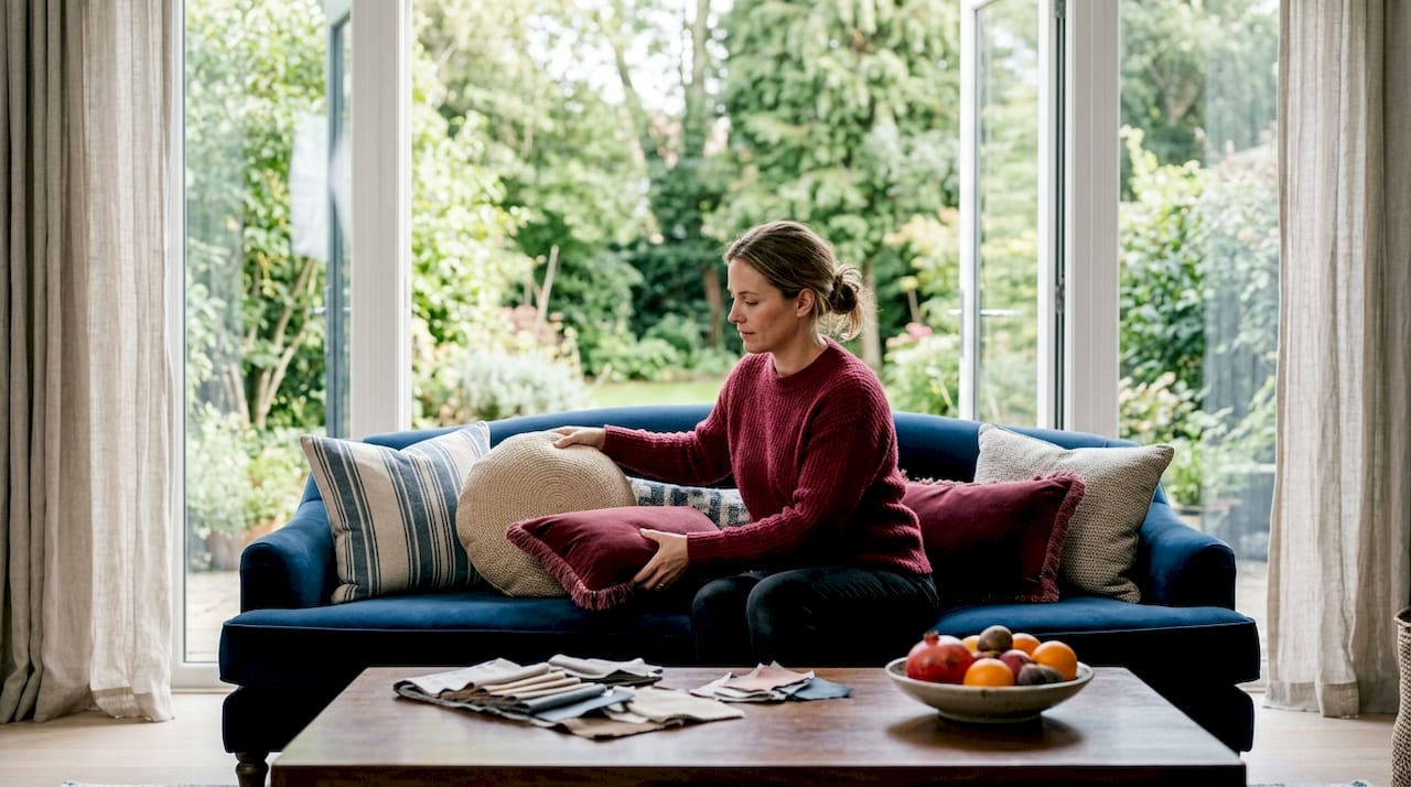 Un interior designer sistema con cura i cuscini su un divano moderno, dando attenzione ai dettagli per creare un ambiente accogliente e di stile.