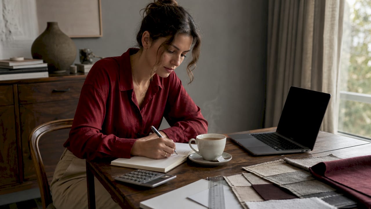 Donna organizza il budget per l’arredamento di casa lavorando al computer e prendendo appunti su un quaderno.