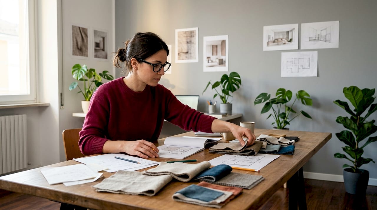 Un interior designer che esamina progetti e campioni di materiali, valutando soluzioni e dettagli per creare ambienti unici e funzionali.