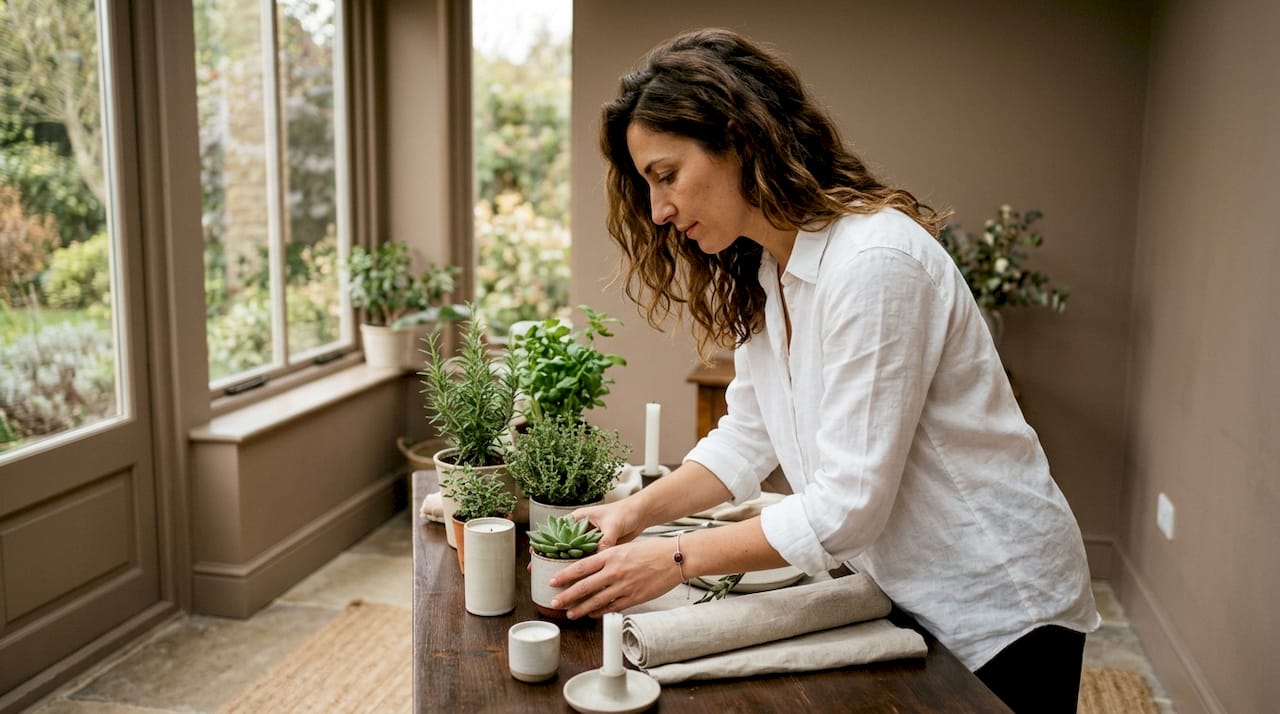 Una donna arricchisce la tavola in legno con eleganti decorazioni realizzate con materiali naturali.