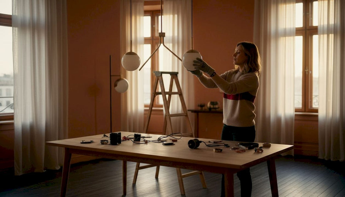 Una donna sistema una lampada decorativa nel soggiorno, aggiungendo un tocco di stile all’ambiente.