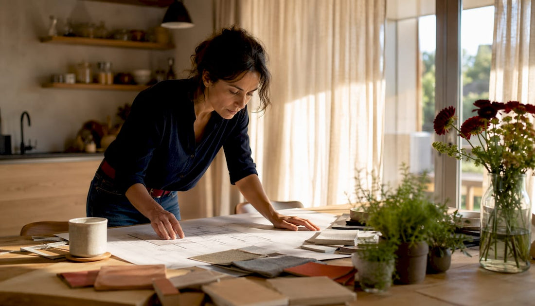 Una donna si dedica allo studio di un progetto di design rigenerativo per la casa.