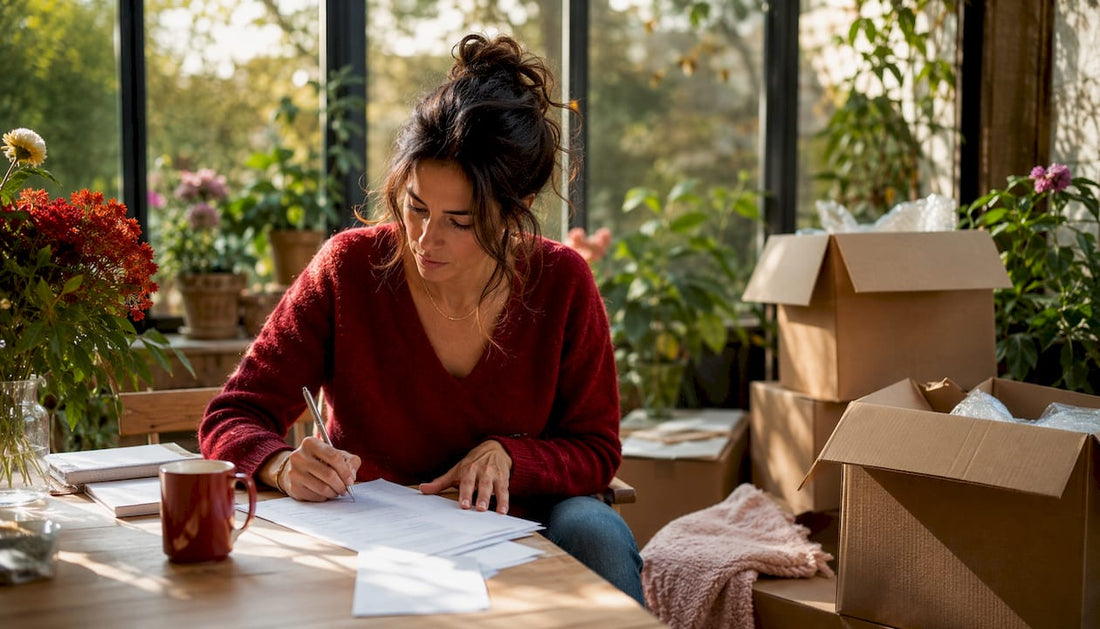 Giovane donna alle prese con l’organizzazione della lista delle cose da fare nella sua nuova casa