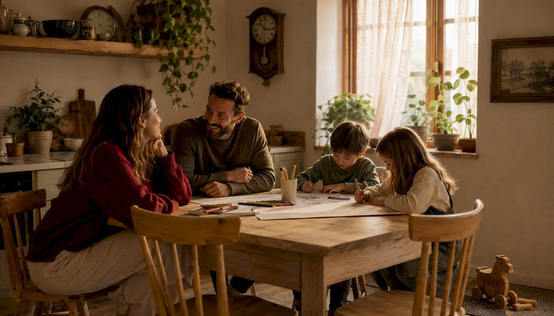 Una famiglia si gode un momento insieme in un soggiorno accogliente, arredato secondo lo stile hygge.
