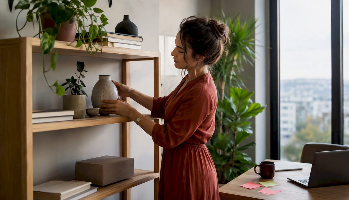 Donna che organizza la casa con arredi minimal e sostenibili