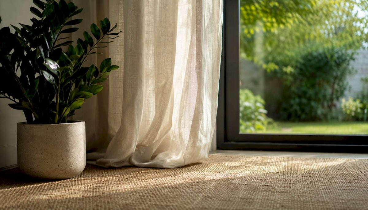 Un angolo di casa dedicato al benessere, caldo e accogliente, arricchito da piante verdi e tessuti naturali.