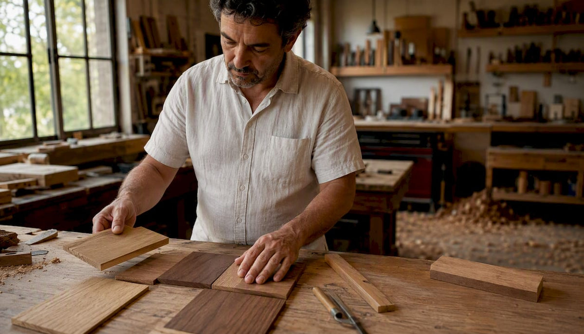 Mani che sistemano campioni di legno certificato FSC su un banco da lavoro