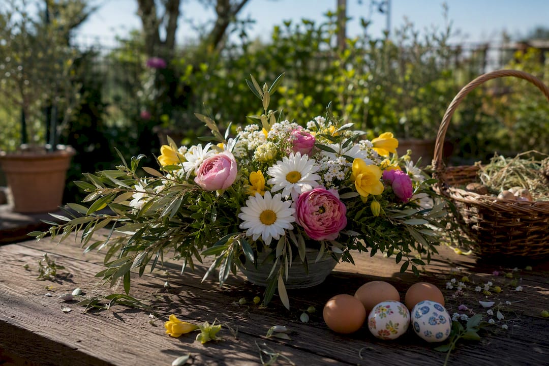 Centrotavola pasquale con fiori freschi e uova decorate