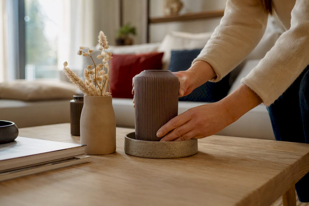 Mani che scartano un cuscino per mobili a casa