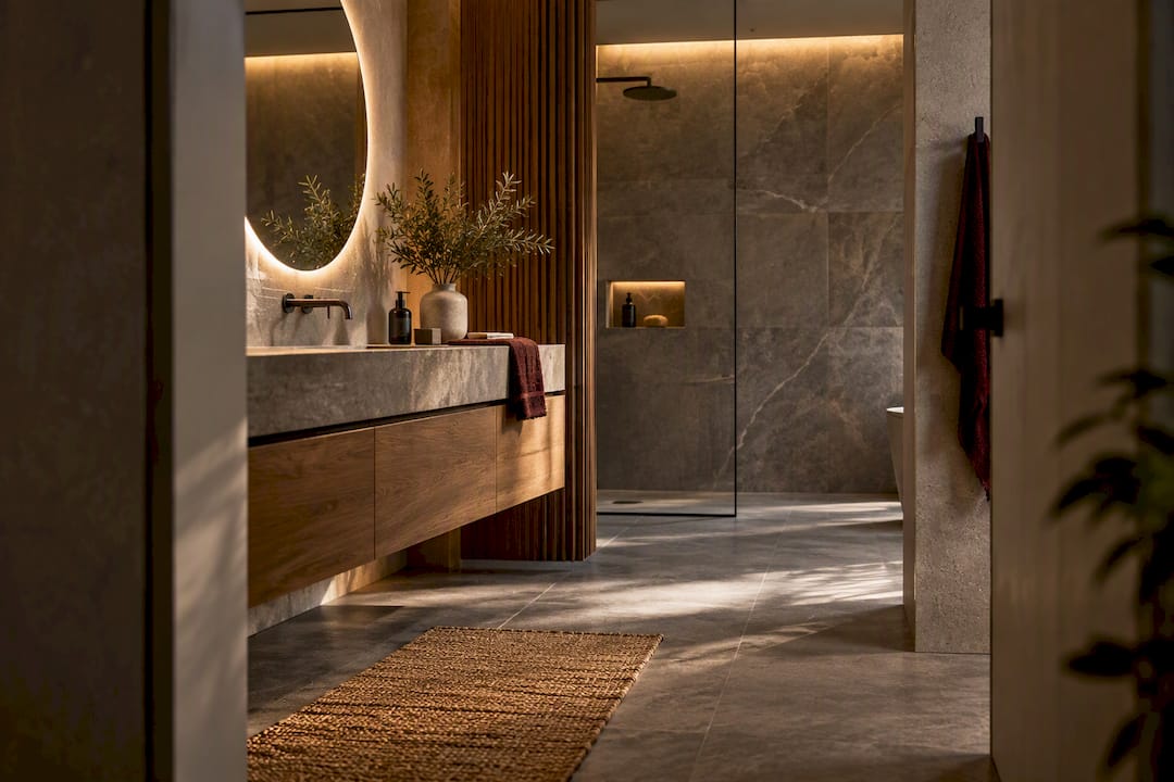 Bagno in stile materico con illuminazione calda e stratificata