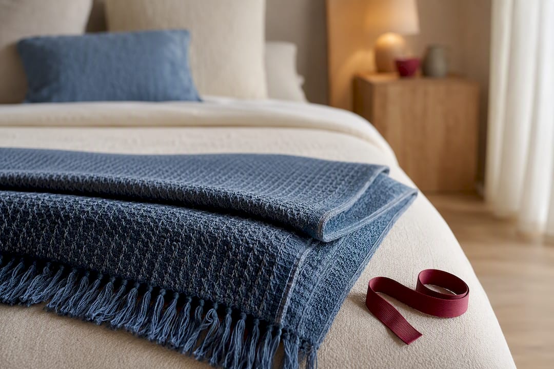 Particolare di plaid posato ai piedi del letto