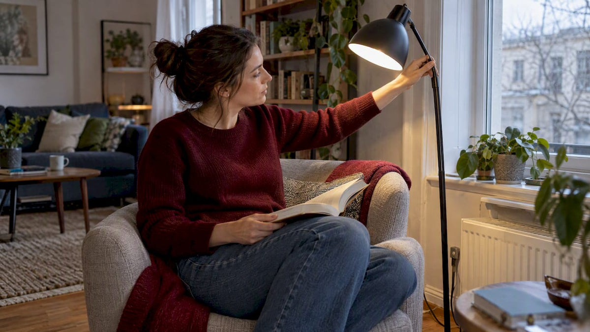 Angolo lettura illuminato da una lampada da terra