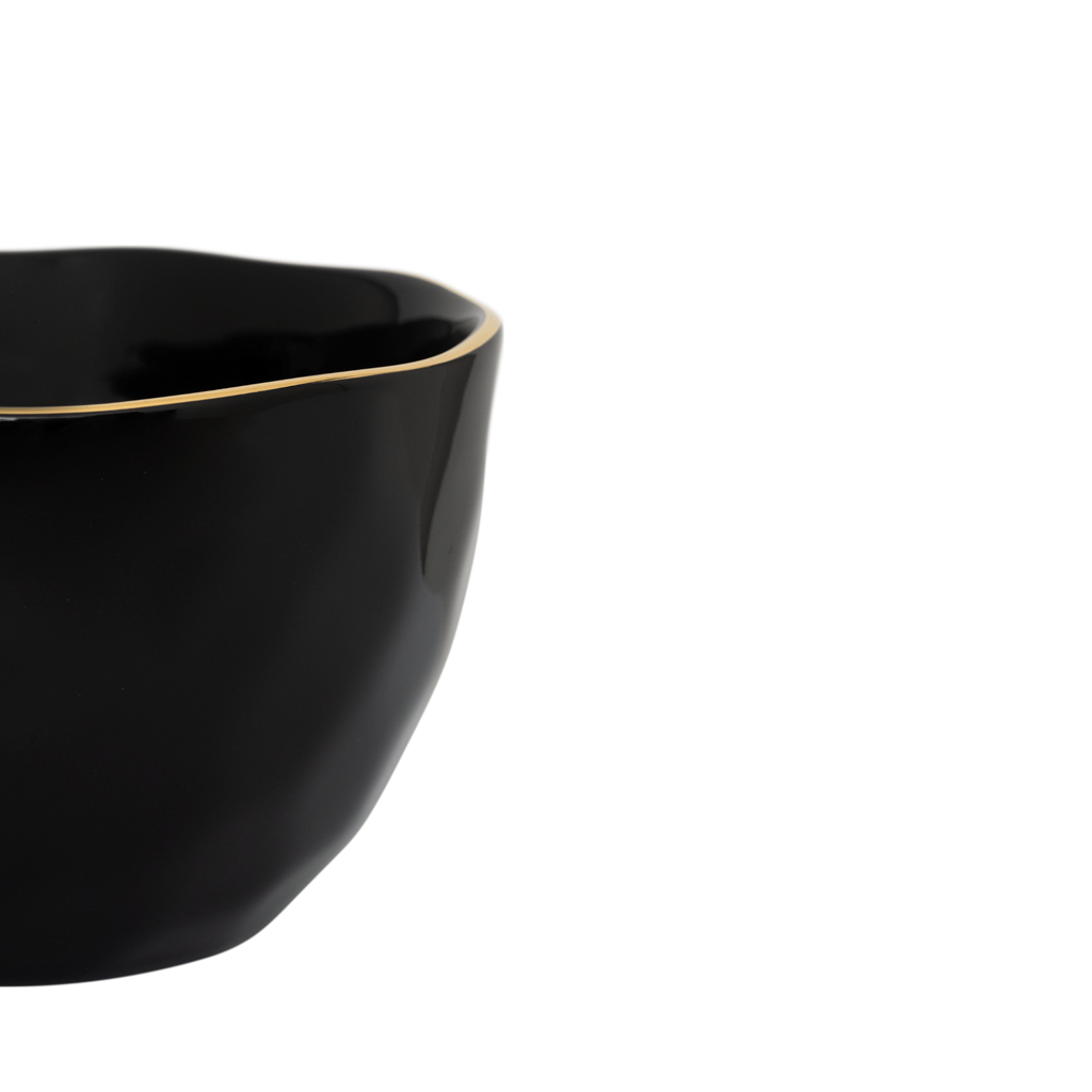 Good Morning - Set 4 Ciotole in ceramica nere con bordo dorato,  Ø14 cm