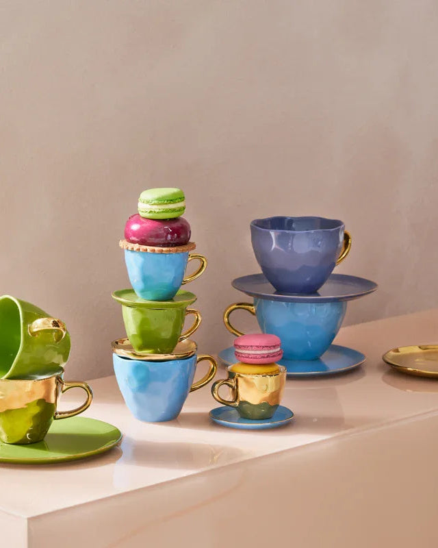 Good Morning - Set 4 piatti azzurri con bordo dorato, Ø17 cm