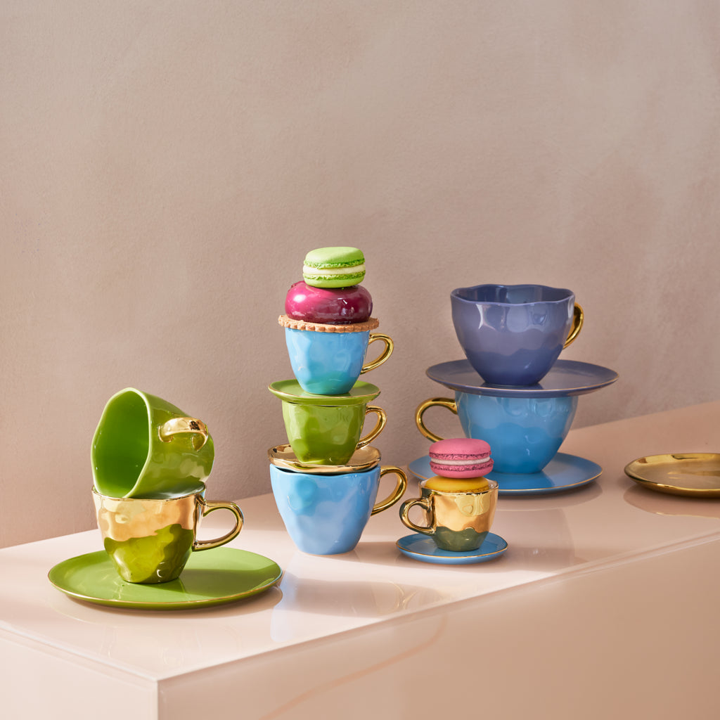 Good Morning - Set 4 piatti azzurri con bordo dorato, Ø17 cm