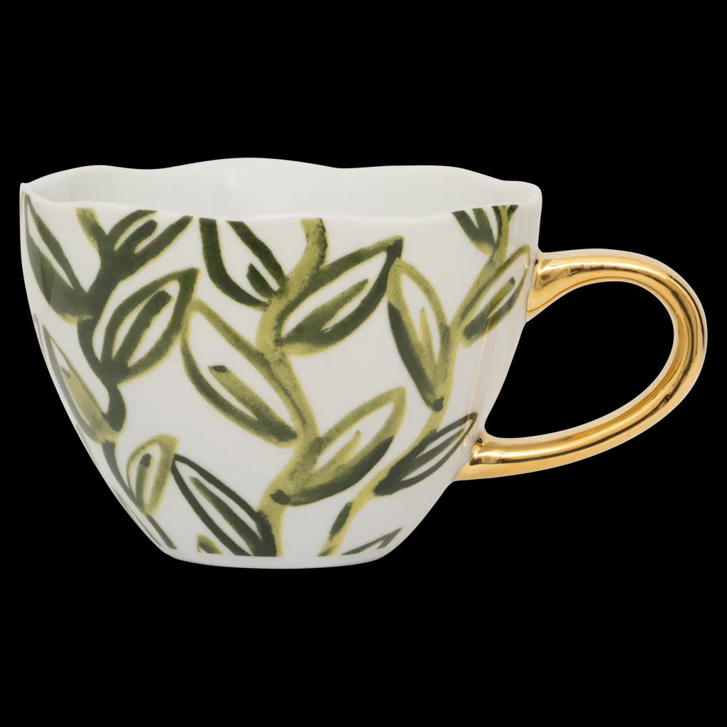 Good Morning - tazza decorata con foglie di tè verdi dipinte a mano