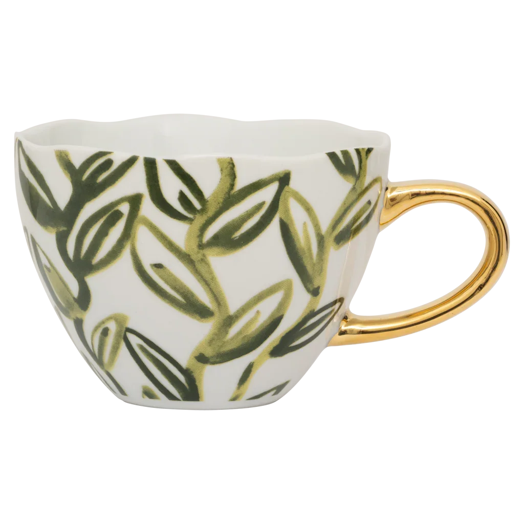 Good Morning - tazza decorata con foglie di tè verdi dipinte a mano