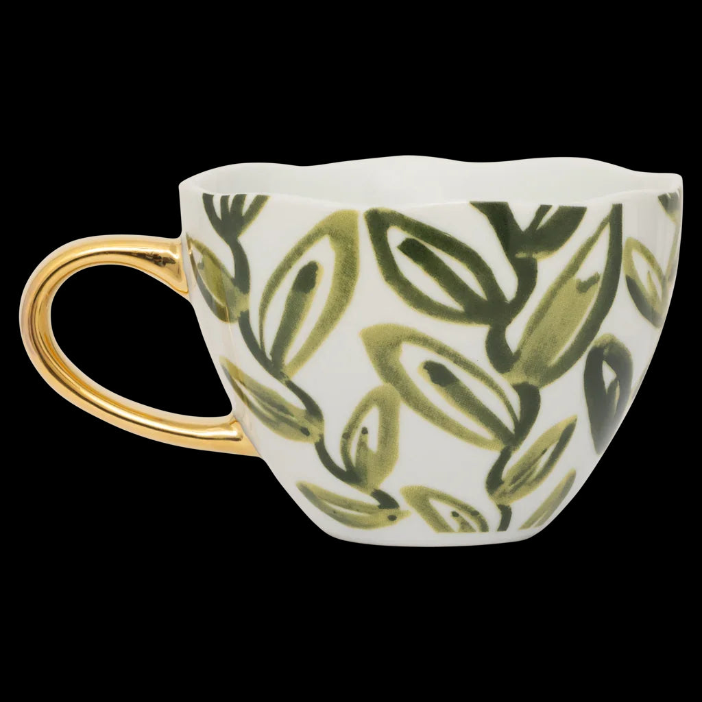 Good Morning - tazza decorata con foglie di tè verdi dipinte a mano