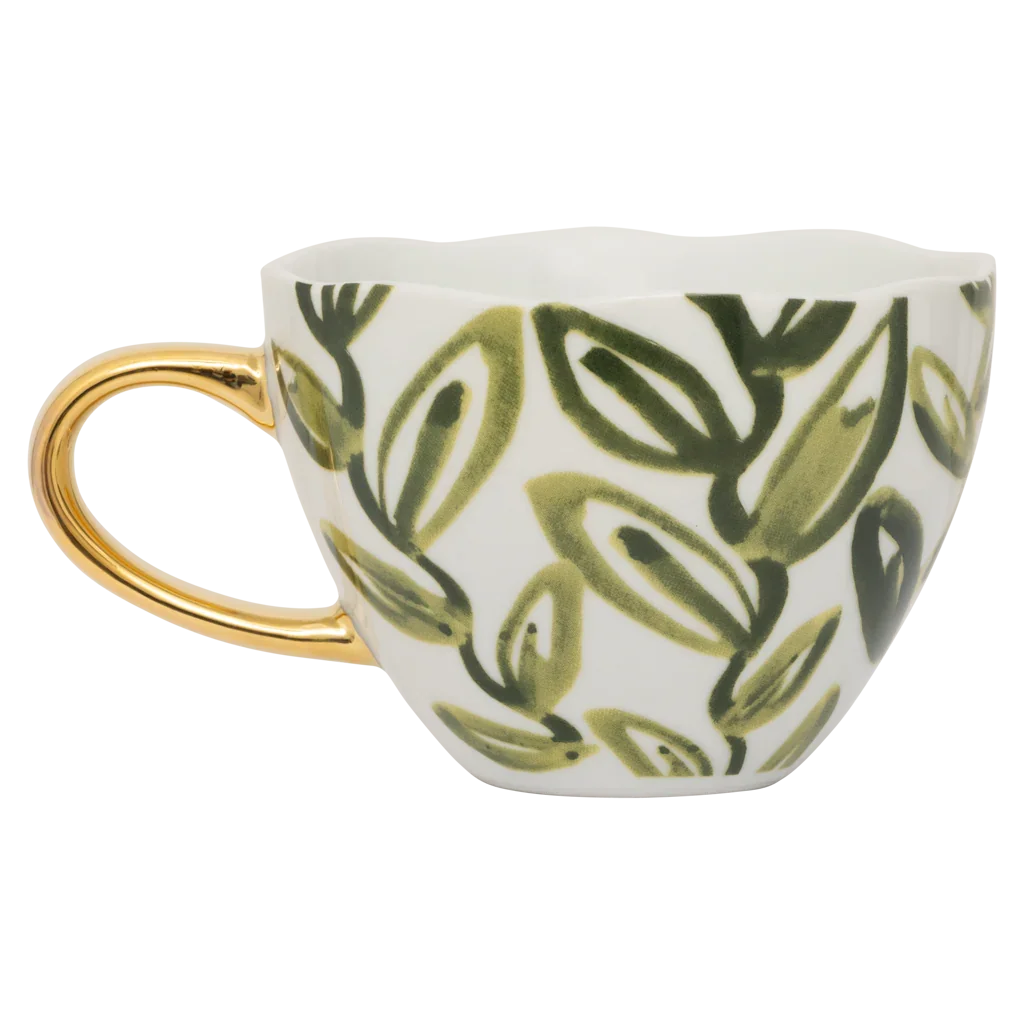 Good Morning - tazza decorata con foglie di tè verdi dipinte a mano