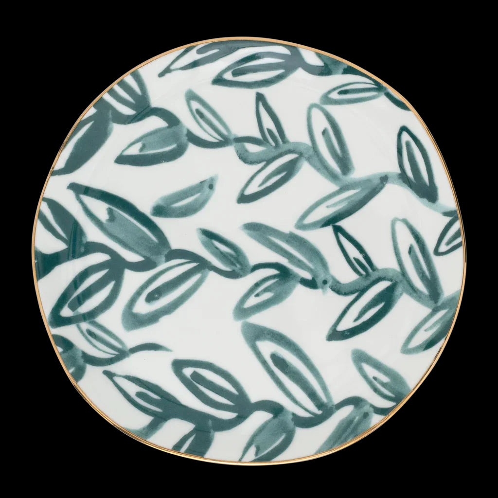 Good Morning - piatto con foglie verde acqua dipinte a mano, Ø17 cm