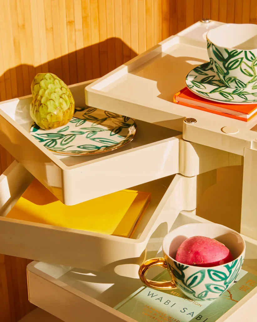 Good Morning - piatto con foglie verde acqua dipinte a mano, Ø17 cm