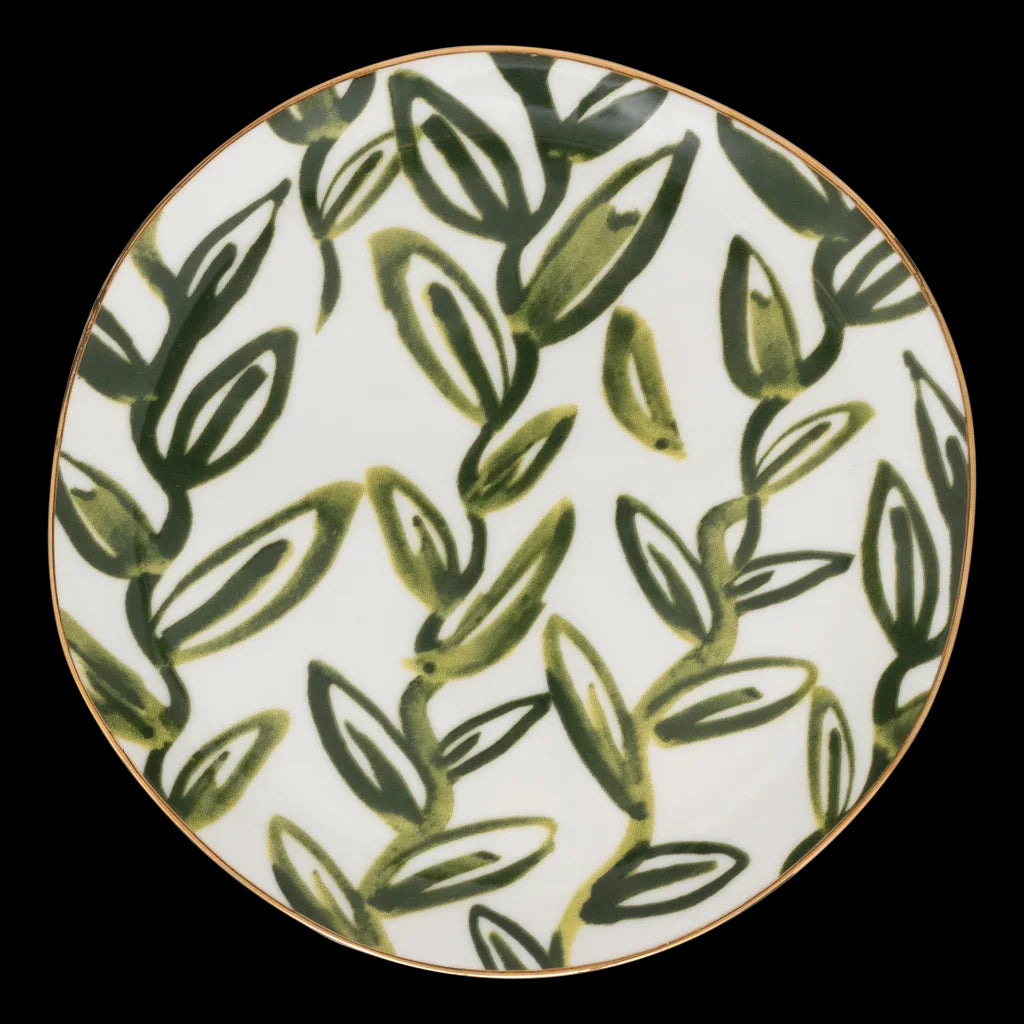 Good Morning - Piatto in ceramica con foglie verdi dipinte a mano, Ø17 cm