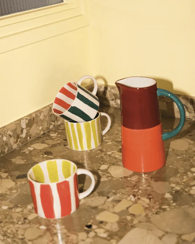 LINDA - Set 4 tazze a righe stampate all'interno e all'esterno rosso, giallo
