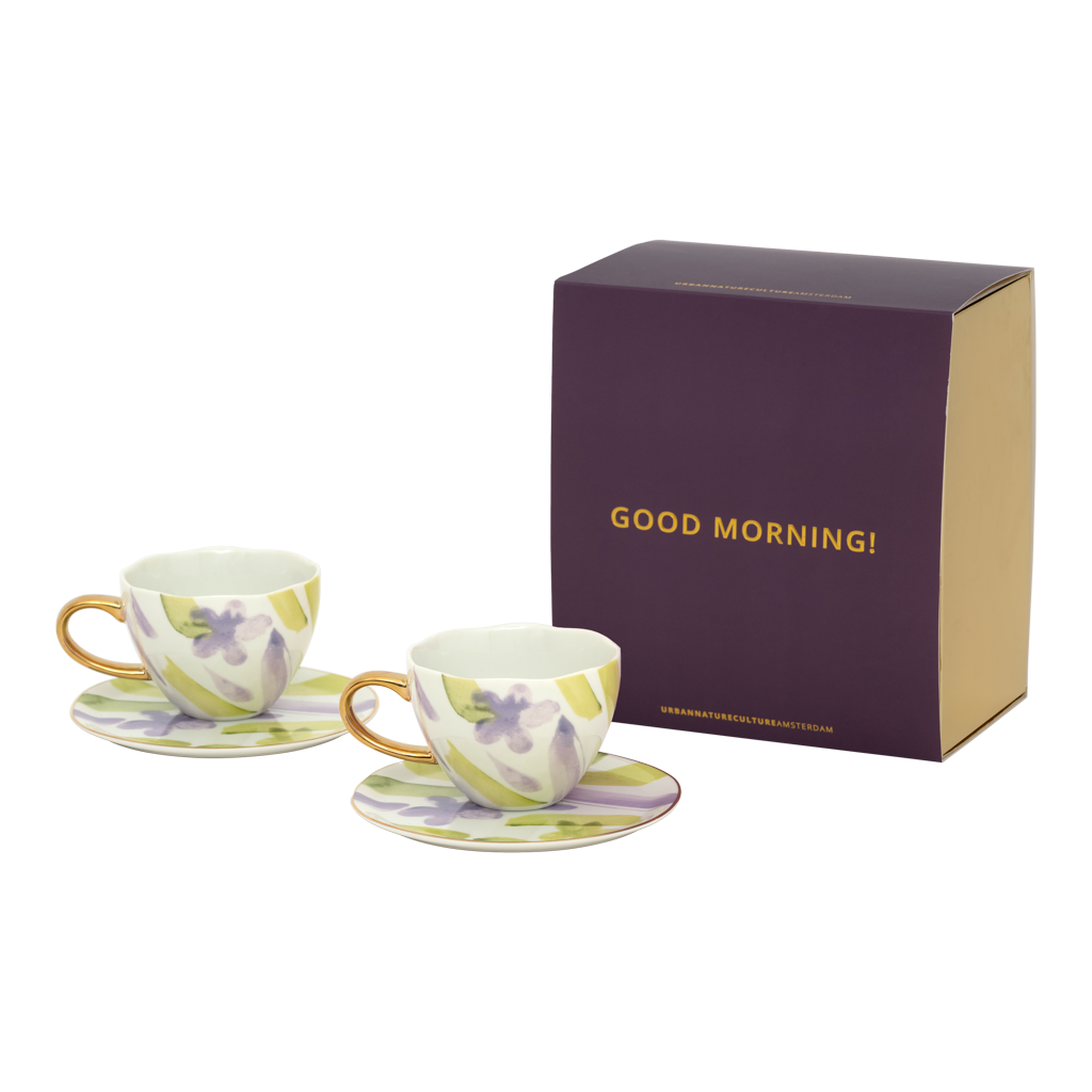 Good Morning - Confezione regalo due tazze da tè fantasia Kusha con piatti