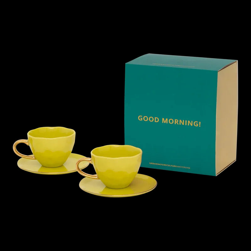 Good Morning - confezione regalo due tazze da tè verde lime con piatto