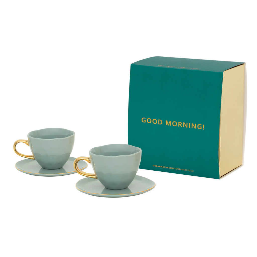 Good Morning - Confezione regalo due tazze da tè con piattino, azzurro