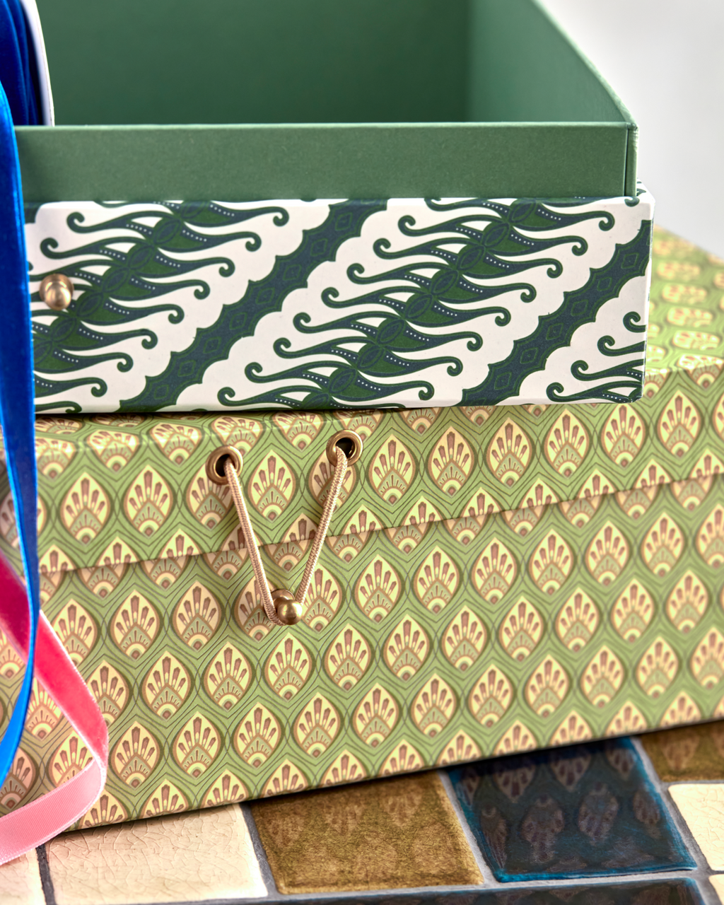 Keep - set due scatole decorate, fantasia verde