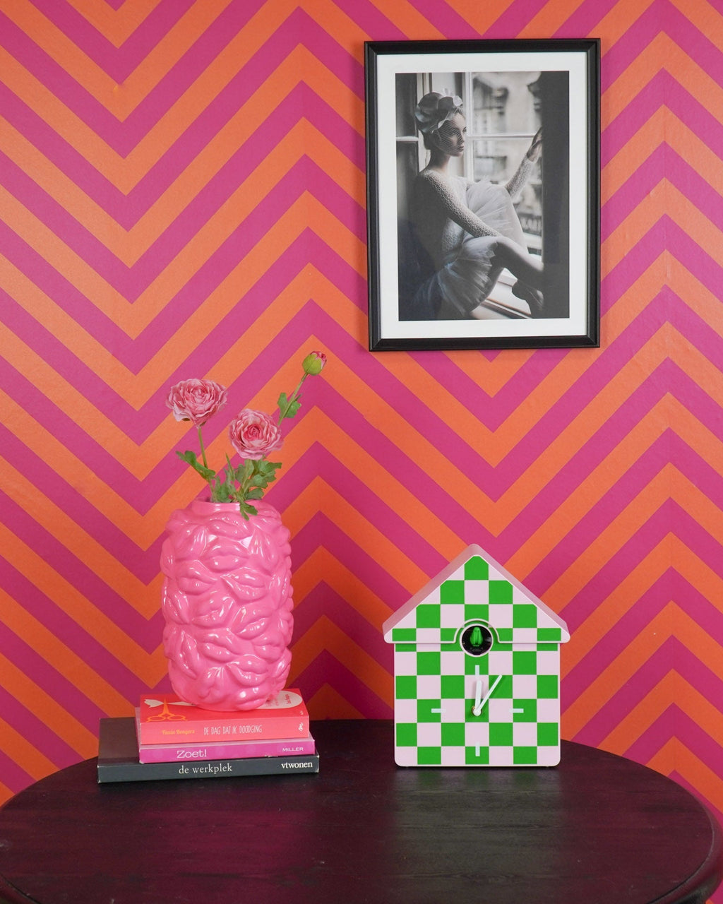 Cucù - Orologio a parete con motivo a scacchiera Verde/Rosa