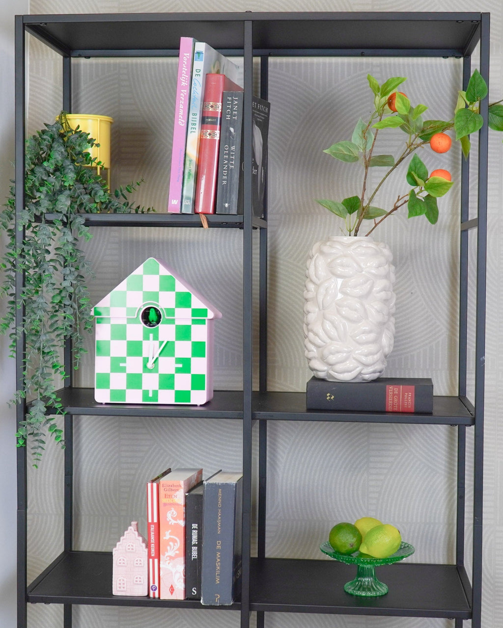 Cucù - Orologio a parete con motivo a scacchiera Verde/Rosa