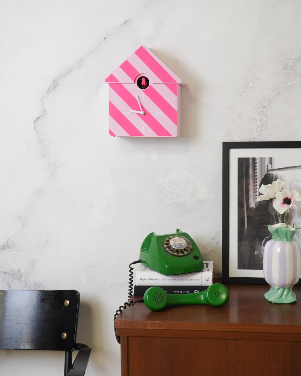 Cucù - Orologio a parete a cucù a righe rosa - 24x27x9cm