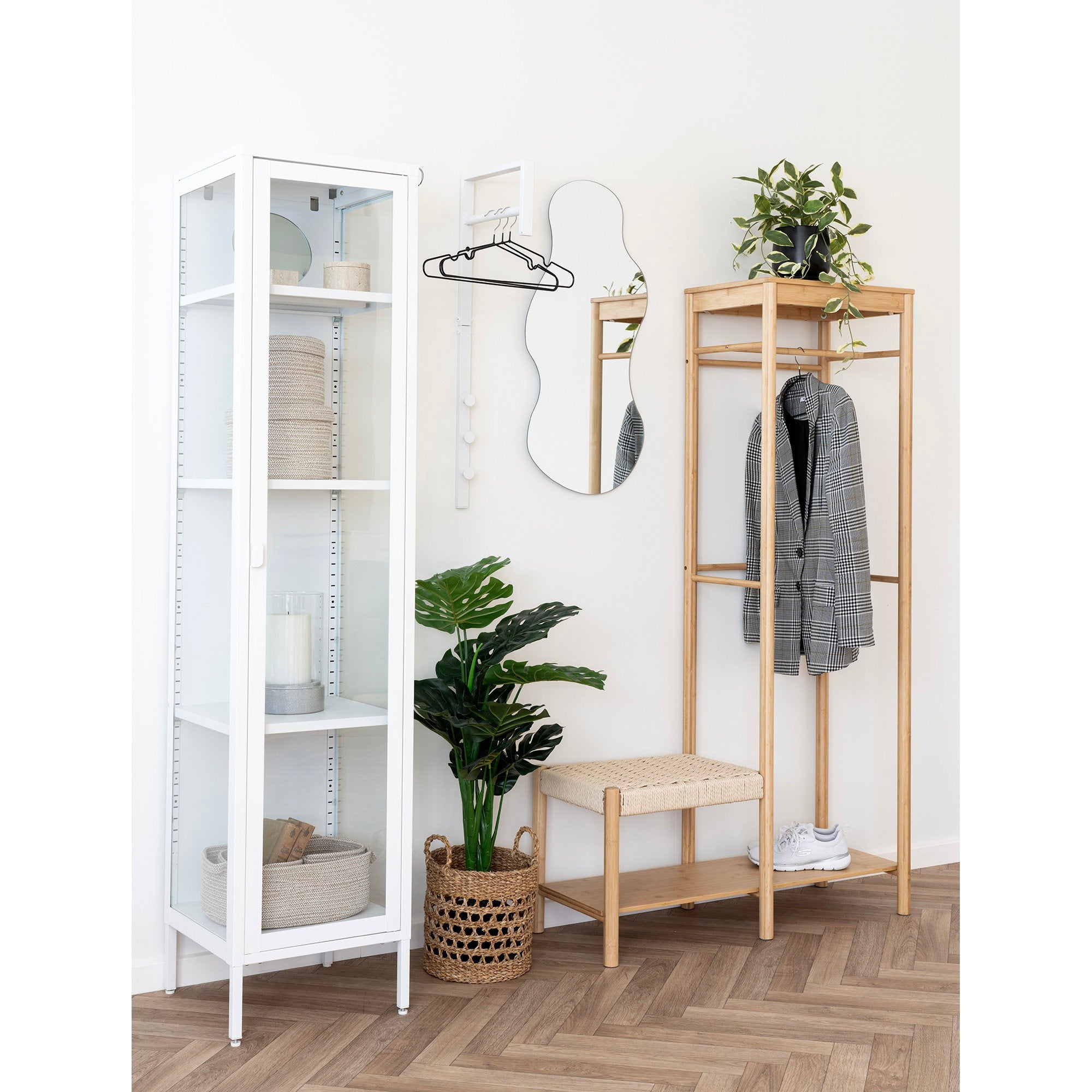 Ember - appendiabiti con panca in vimini naturale, struttura in bambù, colore naturale 36x95x165