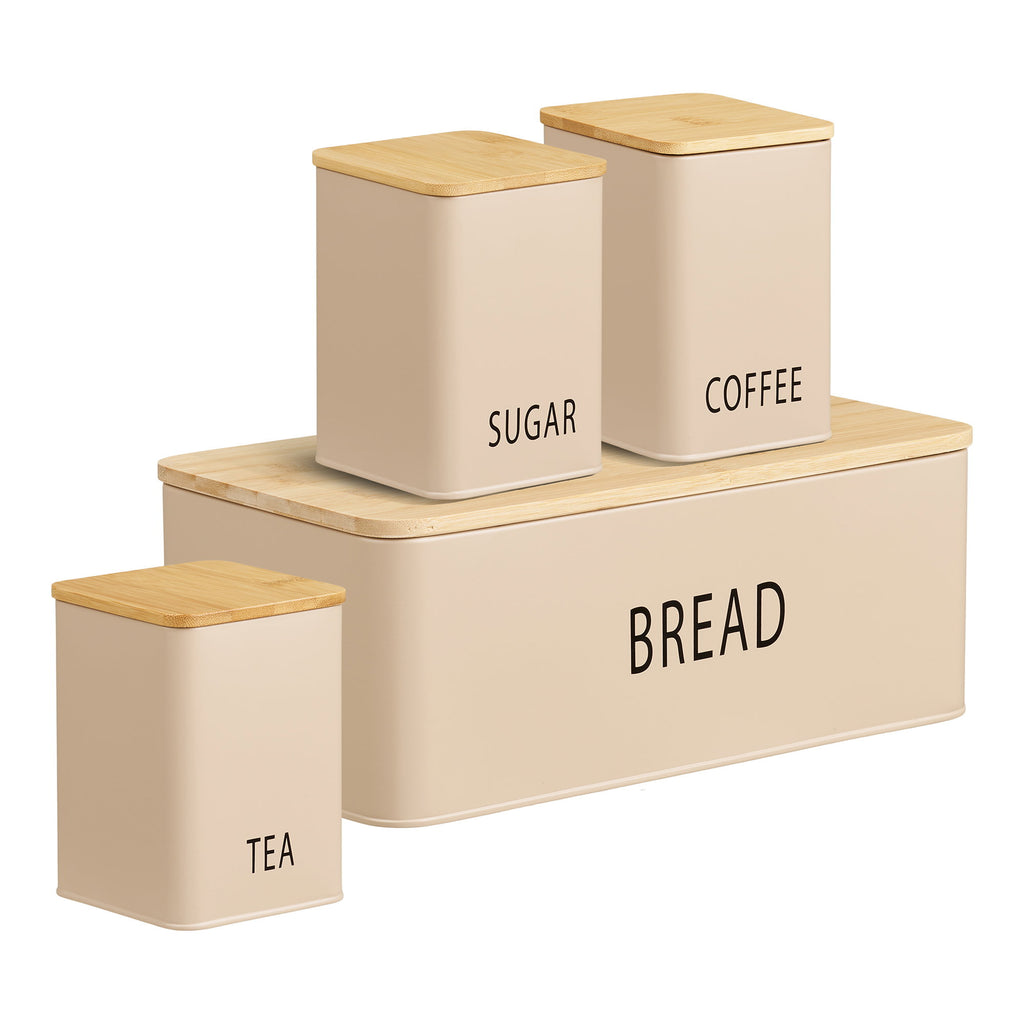 Tula - scatola per il pane con 3 contenitori, metallo/bambù, beige, set da 4