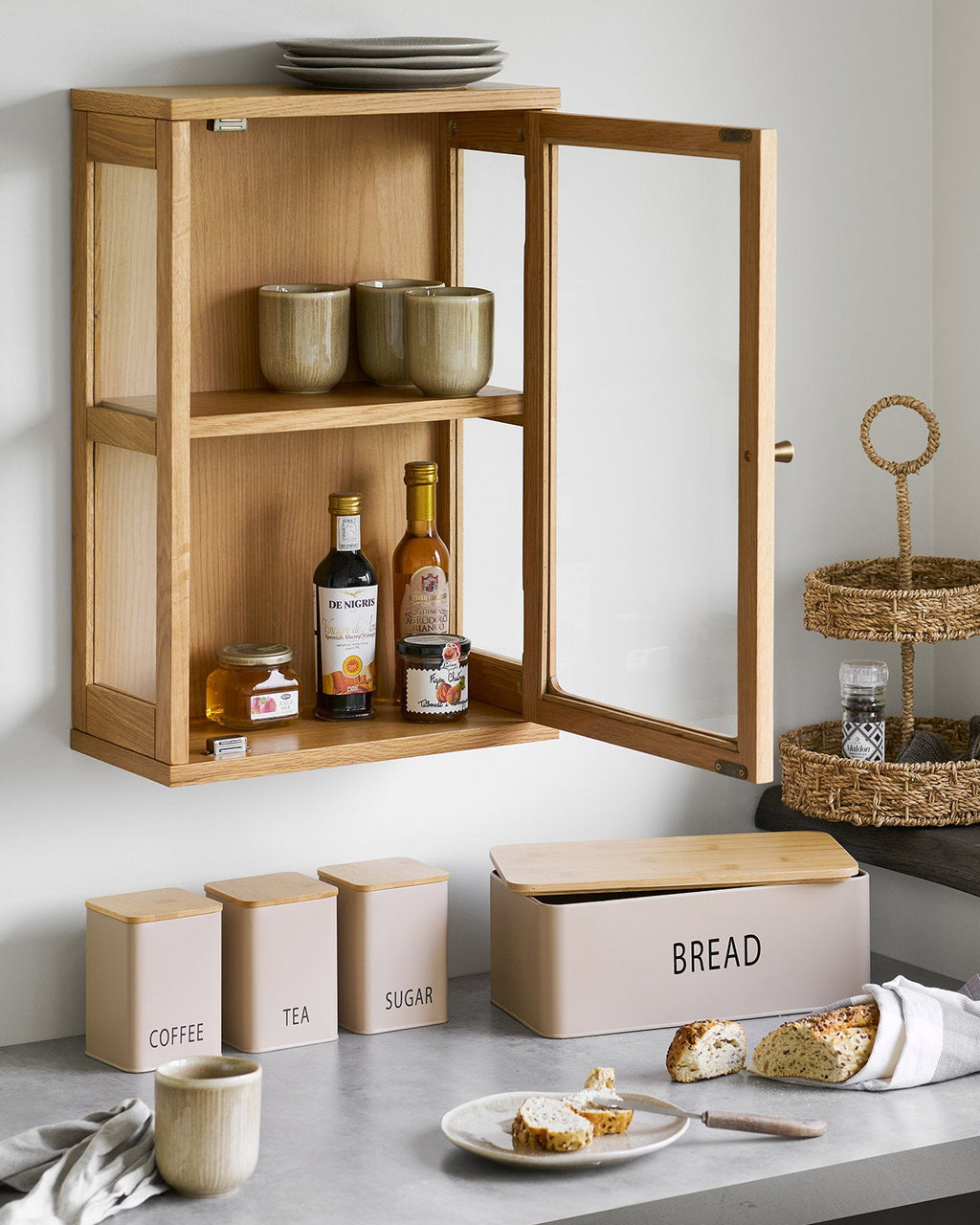 Tula - scatola per il pane con 3 contenitori, metallo/bambù, beige, set da 4
