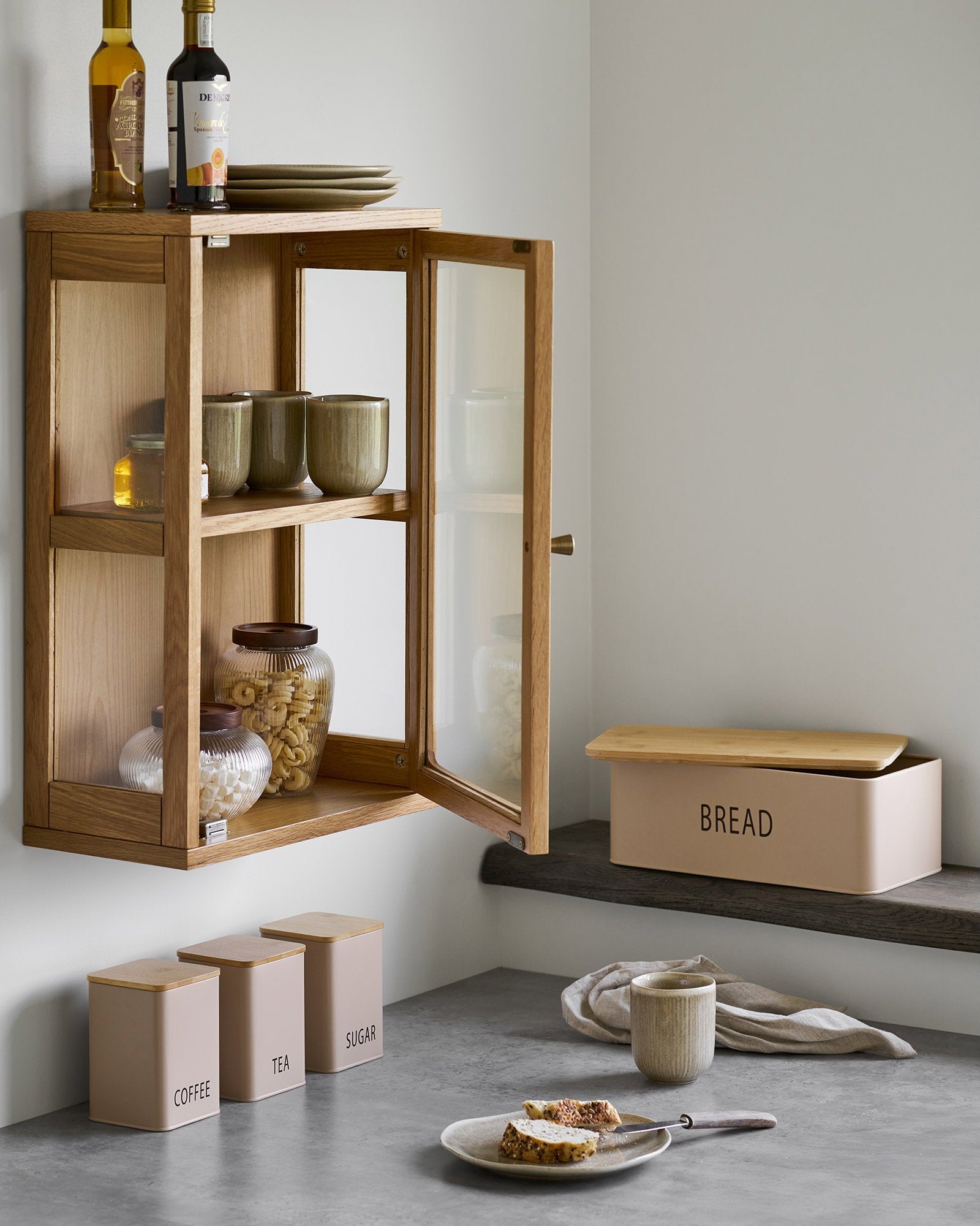 Tula - scatola per il pane con 3 contenitori, metallo/bambù, beige, set da 4