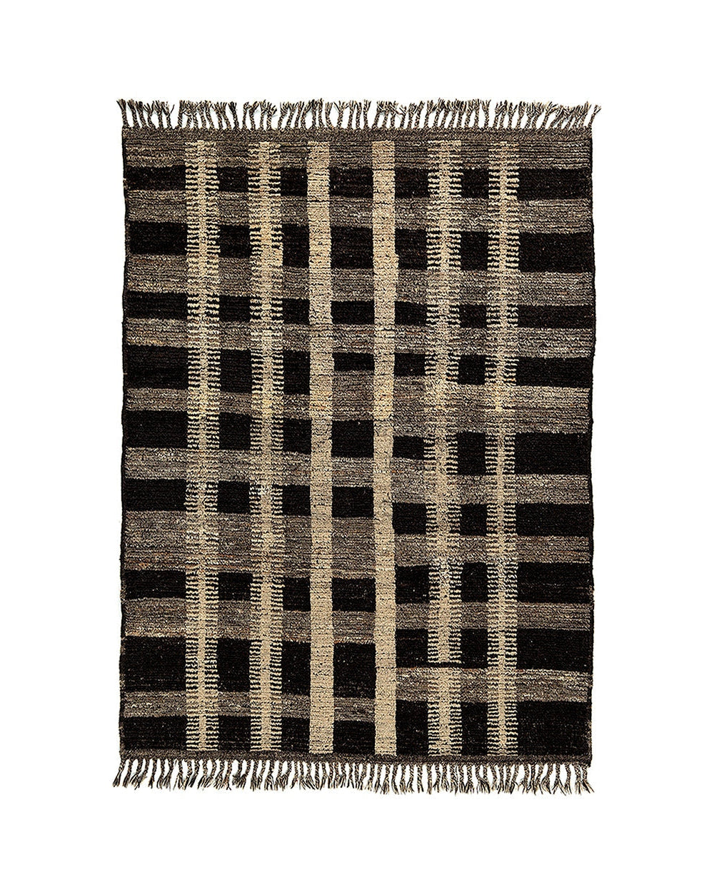 Afghan 0345 - tappeto in lana tessuto a mano con riquadri neri irregolari, 307 x 213