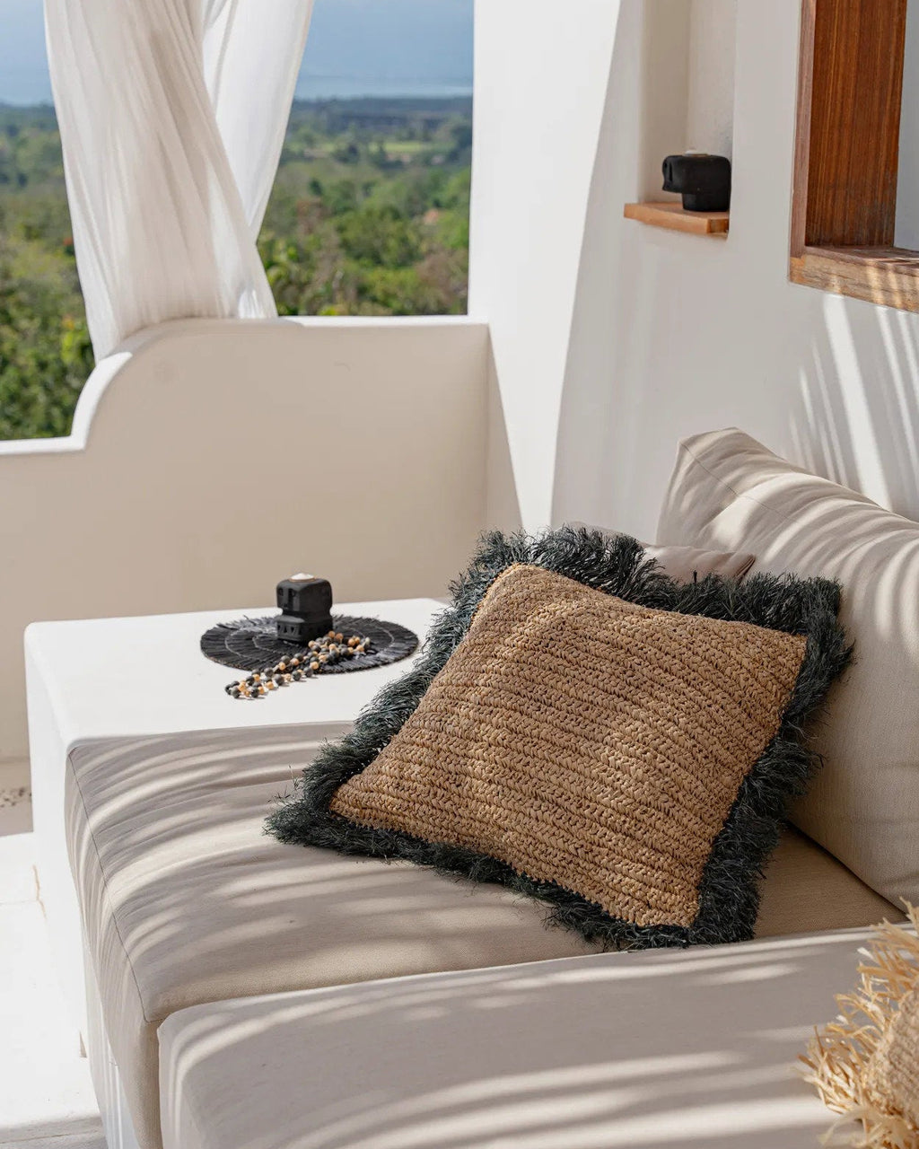 The Raffia - Fodera per cuscino quadrata in rafia - naturale/nero - 60x60